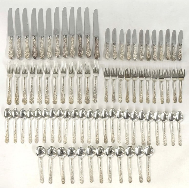 81 STIEFF REPOUSSE STERLING SILVER FLATWARE APPROX. 98.4 TROY OZ (1 of 4)