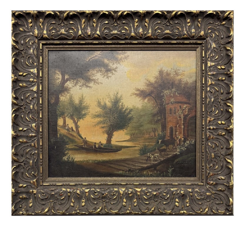 AMERICAN SCHOOL PRIMITIVE LANDSCAPE WITH FIGURES, OIL / CANVAS 13" x 16" (1 of 5)