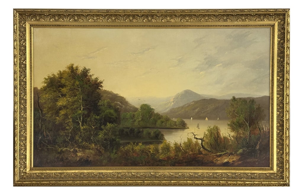 O/C EXPANSIVE HUDSON RIVER LANDSCAPE W/ SAILBOATS UNSIGNED 22" X 36" (1 of 6)