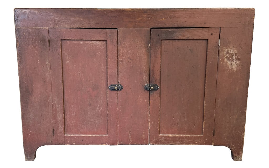 RED PAINTED NYS 19THC. DRY SINK OVER 2 DOORS 35 1/2" X 51 3/4" X 19 1/4": RED PAINTED NYS 19THC. DRY SINK OVER 2 DOORS 35 1/2" X 51 3/4" X 19 1/4"