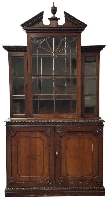 18THC. OR EARLY 19THC. GLAZED DOOR BREAKFRONT IN 2 SECTIONS, W/ ARCHITECTURAL PEDIMENT, INSPIRED (1 of 8)