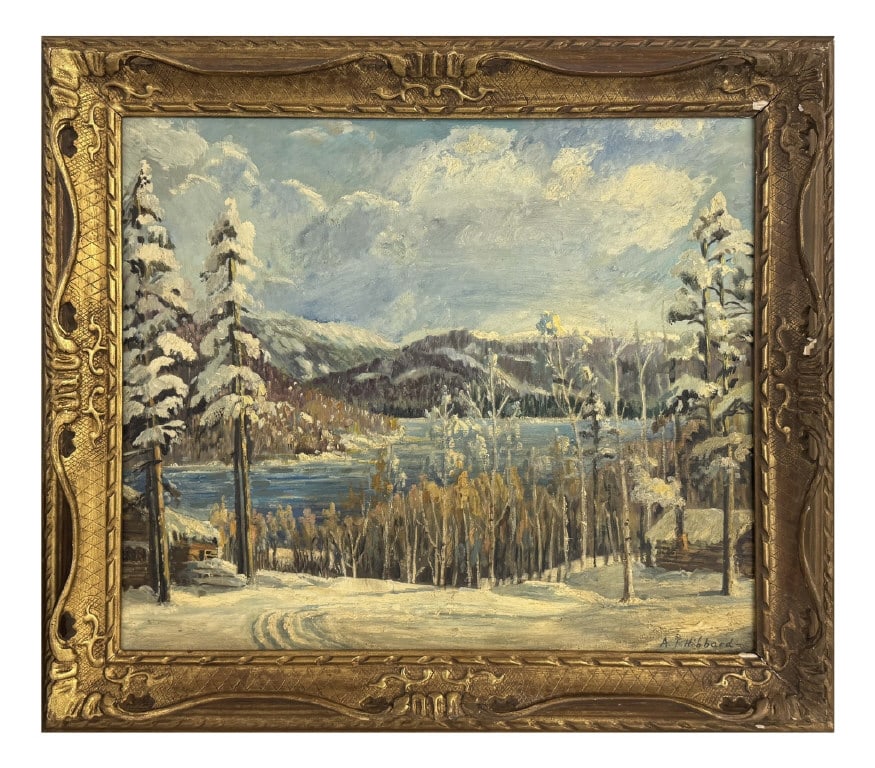 OIL/ BOARD A.T. HIBBARD "LAKE SCENE IN WINTER" 22 1/2" X 26 1/2": OIL/ BOARD A.T. HIBBARD "LAKE SCENE IN WINTER" 22 1/2" X 26 1/2"