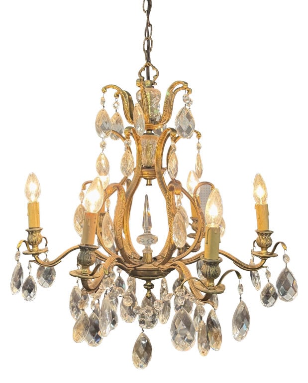 FRENCH BRASS AND CRYSTAL 6 ARM CHANDELIER ELECTRIFIED 25" TALL X 27" DIAM: FRENCH BRASS AND CRYSTAL 6 ARM CHANDELIER ELECTRIFIED 25" TALL X 27" DIAM