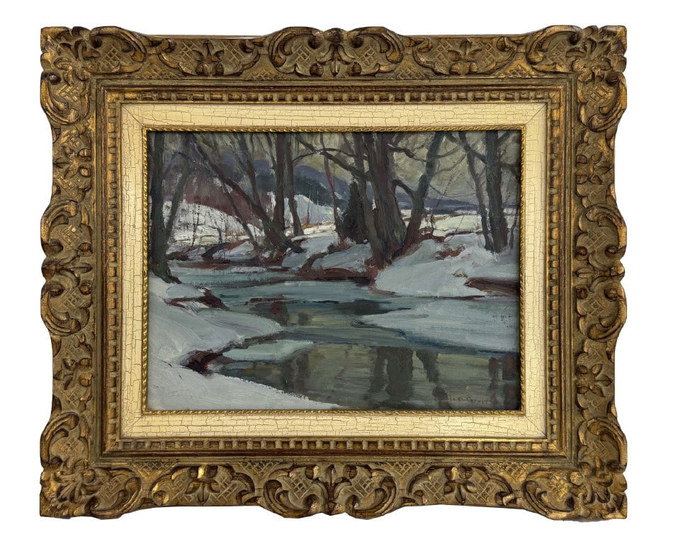 OIL/ BOARD EMILE GRUPPE "THE STREAM, WINTER" (1896- 1978) 12" X 16": OIL/ BOARD EMILE GRUPPE "THE STREAM, WINTER" (1896- 1978) 12" X 16"