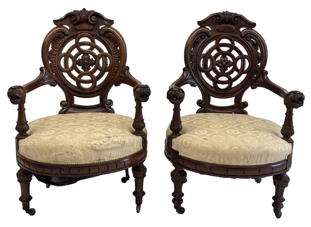 PR OF WALNUT RENAISSANCE REVIVAL PARLOUR CHAIRS WITH HOUND DOG ARMS 38" X 25" X 24" (1 of 8)
