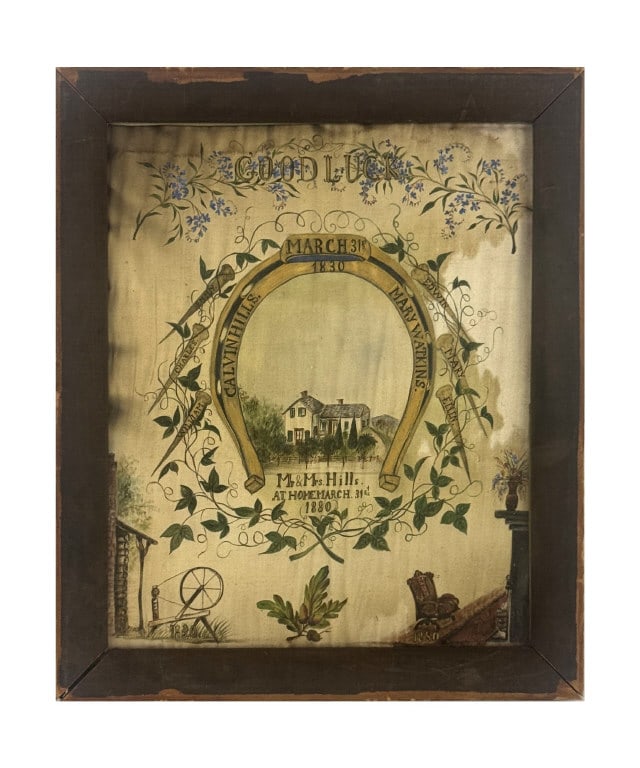 WATERCOLOR ON SILK 50TH ANNIVERSARY OF MR. & MRS. HILLS, MARCH 31ST 1880 12" X 10 1/4" OVERALL (1 of 8)