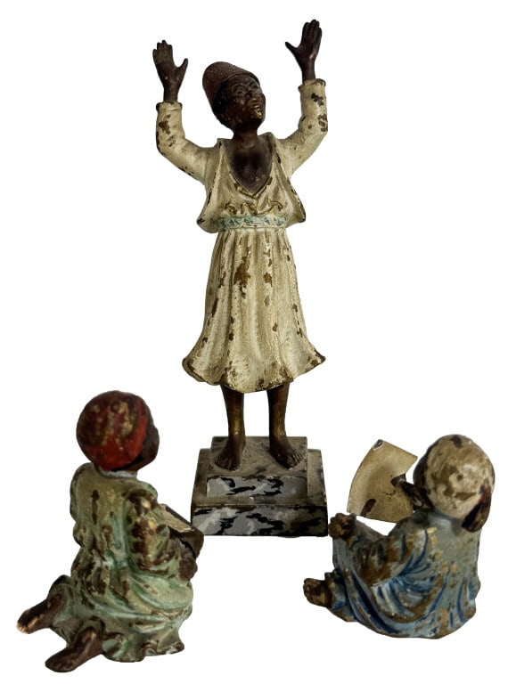 3 MINI COLD PAINTED BRONZE ORIENTALIST FIGURES IN THE STYLE OF HANS BERGMAN, TALLEST 4" TALL (1 of 9)