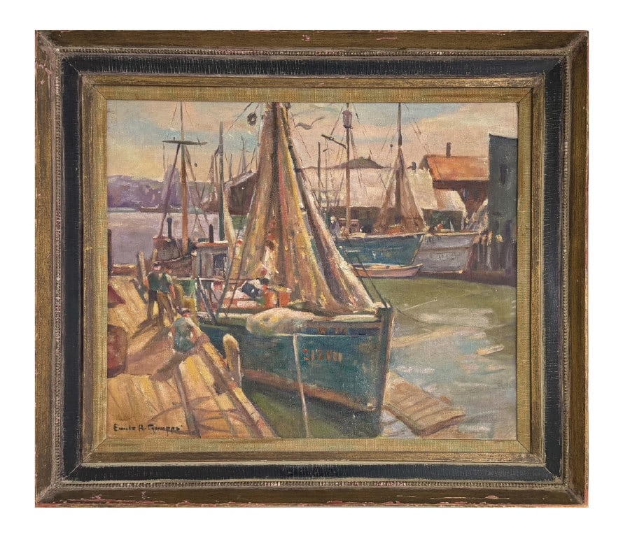 OIL/BOARD EMILE GRUPPE "AT THE DOCKS, GLOUCESTER" 21 1/4" X 25 3/8" (1 of 8)