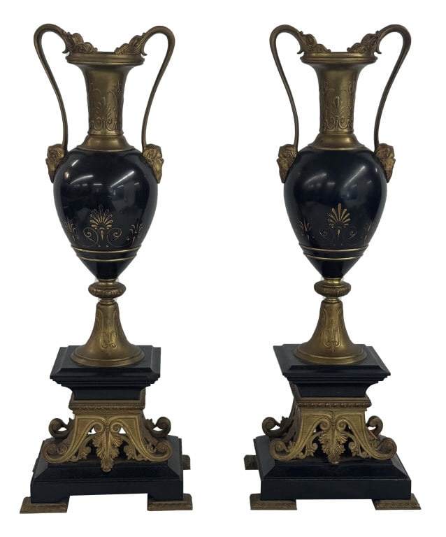 PR OF 19THC. NEO CLASSICAL BRONZE & BLACK STONE MANTLE GARNITURES 21" TALL (1 of 8)