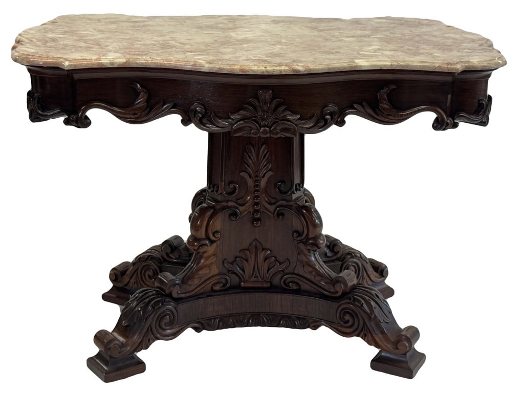 ROCOCO REVIVAL WALNUT MARBLE TOP CENTER TABLE 31" X 43" X 31" (1 of 7)