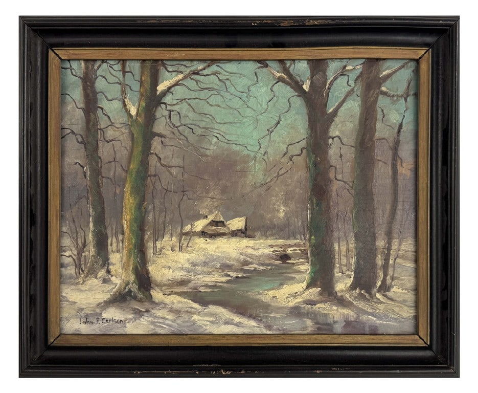 OIL/PANEL JOHN F. CARLSON, "WOODSTOCK LODGE IN WINTER" 13 1/2" X 18 1/4" (1 of 7)