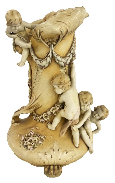 MONUMENTAL AMPHORA VASE W/ 4 PUTTI FIGURES & APPLIED FLORAL GARLANDS 20 5/8" TALL (1 of 6)
