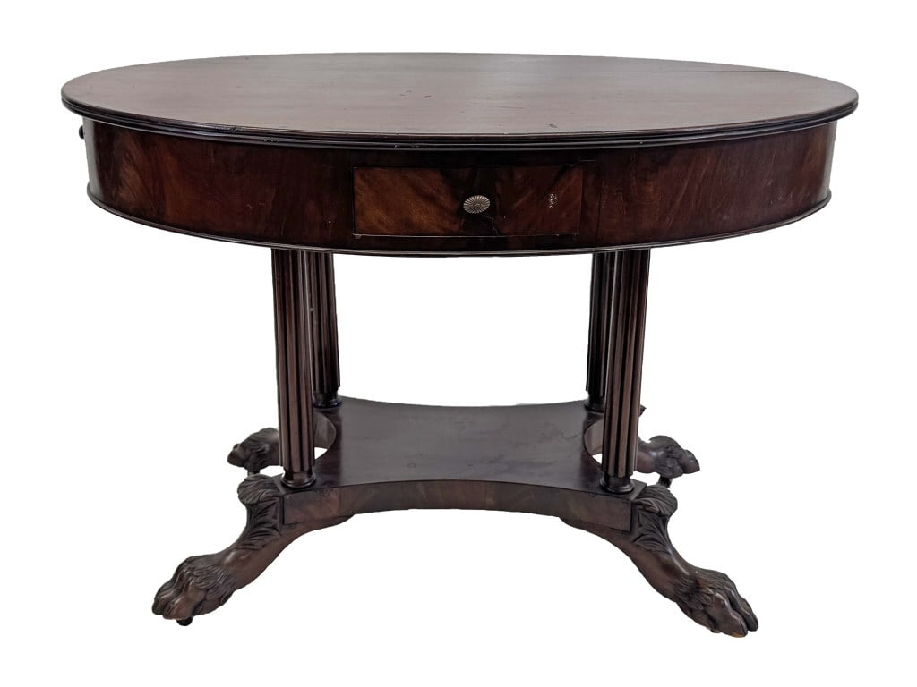 CLASSICALLY CARVED MAHOGANY OVAL PARLOR TABLE W/ 4 DRAWERS, PAW FEET & REEDED PILLARS 29 1/2" X 41 (1 of 8)