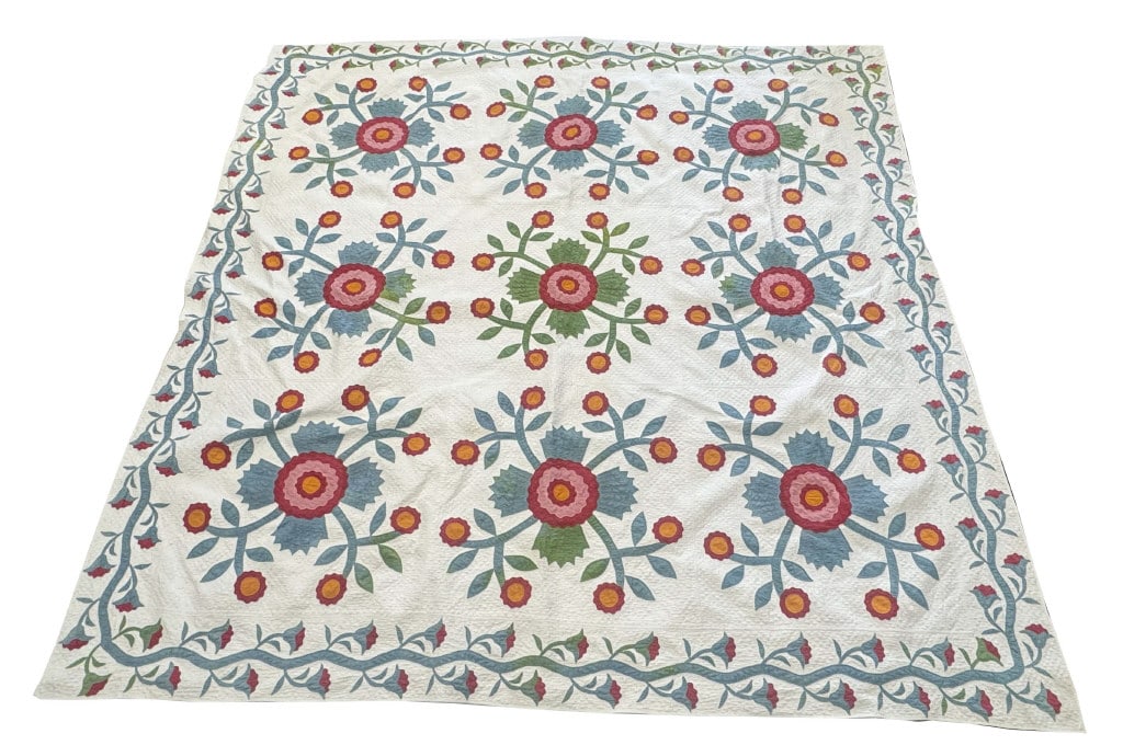 APPLIQUE "ROSE OF SHARON" QUILT WITH IVY VINE BORDER 91" X 90": APPLIQUE "ROSE OF SHARON" QUILT WITH IVY VINE BORDER 91" X 90"