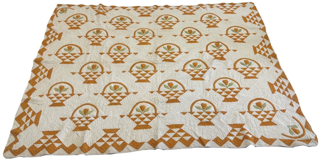 APPLIQUE TRAPUNTO BASKET WITH PEAR PATTERN QUILT PEARS FILLED 86" X 69" (1 of 8)