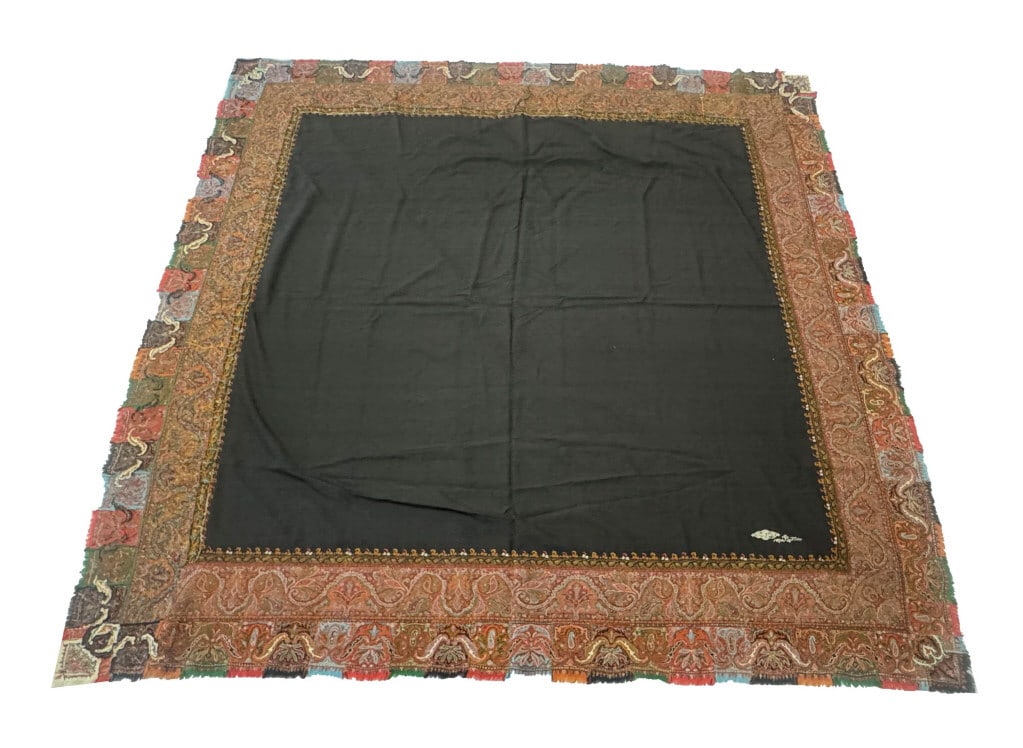 RARE SIGNED KASMIRI PAISLEY SHAWL W/ HAND PIECED BORDER & BLACK FIELD 68" X 68": RARE SIGNED KASMIRI PAISLEY SHAWL W/ HAND PIECED BORDER & BLACK FIELD 68" X 68"