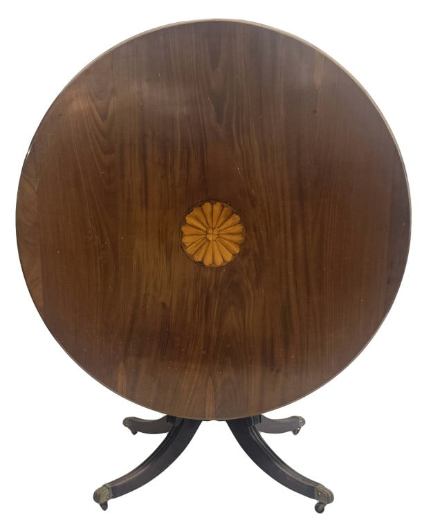 19THC. REGENCY TILT TOP BREAKFAST TABLE WITH INLAY 27 1/2" X 48" DIAM: 19THC. REGENCY TILT TOP BREAKFAST TABLE WITH INLAY 27 1/2" X 48" DIAM