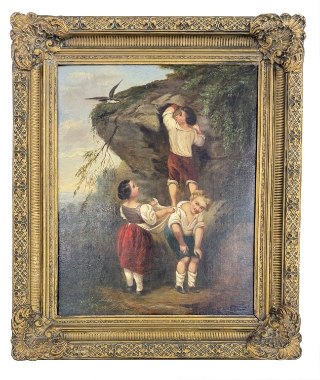 19THC. ENGLISH O/C GENRE SCENE "STEALING EGGS" UNSIGNED 20" X 16" (1 of 6)