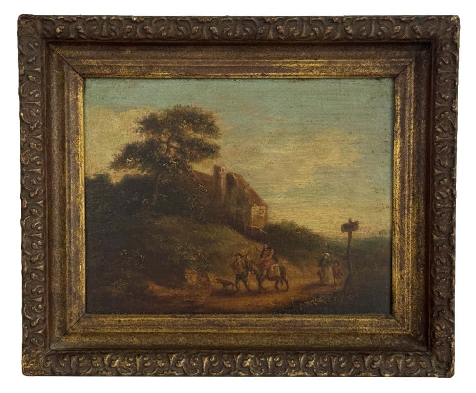 OIL/PANEL DUTCH SCHOOL, LABELED IN VERSO CROME "A LANDSCAPE AND TRAVELLERS " 7 1/8" X 8 7/8" (1 of 7)