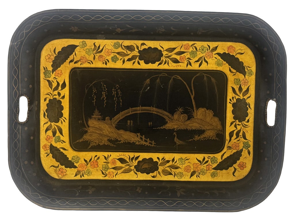 PAINT DECORATED TOLEWARE TRAY W/ CHINOISERIE LANDSCAPE 16" X 22": PAINT DECORATED TOLEWARE TRAY W/ CHINOISERIE LANDSCAPE 16" X 22"