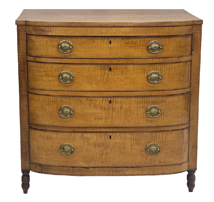TIGER MAPLE BOWFRONT SHERATON CHEST C. 1840 40" X 42 1/2" X 23 3/4" (1 of 5)