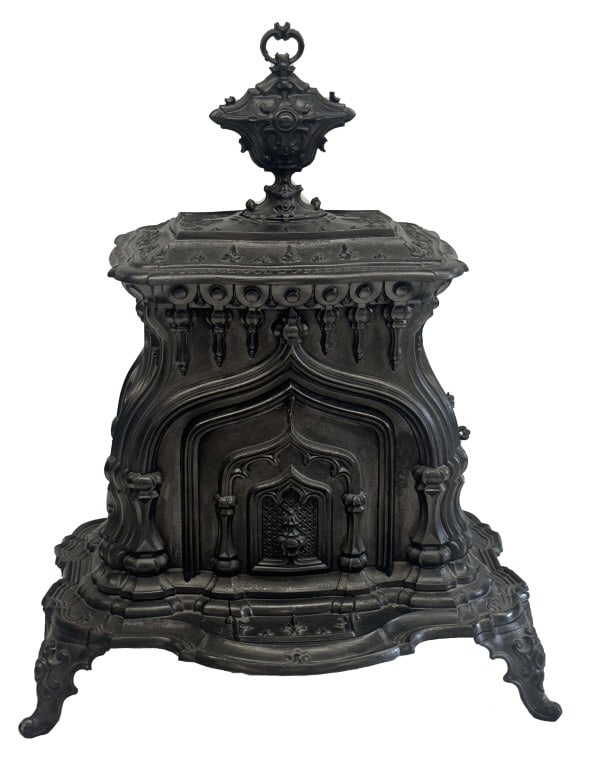 1852 GOTHIC INSPIRED CHAMBER OR PARLOR STOVE BY JOHNSON, COX & FULLER, TROY, NY 38" X 30" X 22" (1 of 9)