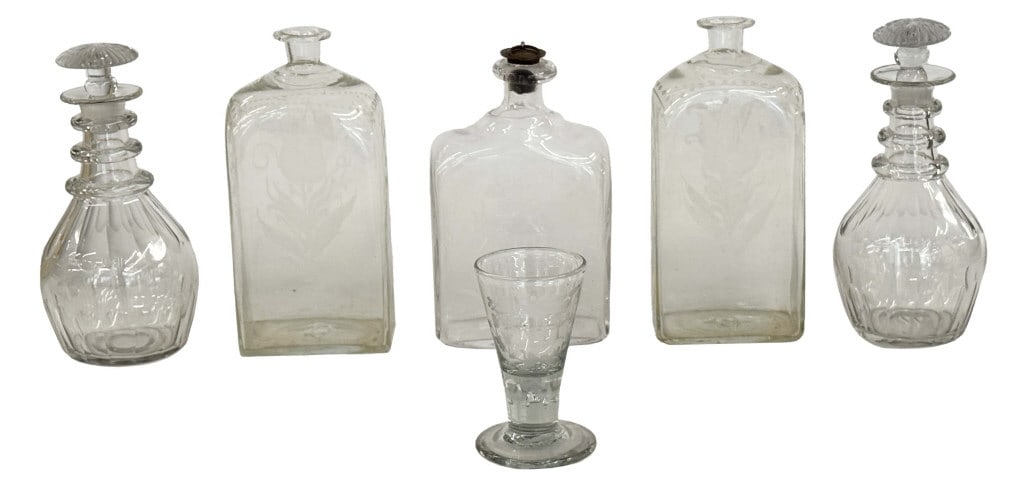 EARLY GLASS INC. 2 STIEGEL FLASKS, GEO III FLASK & GLASS & PR OF DECANTERS (6 PCS) (1 of 7)