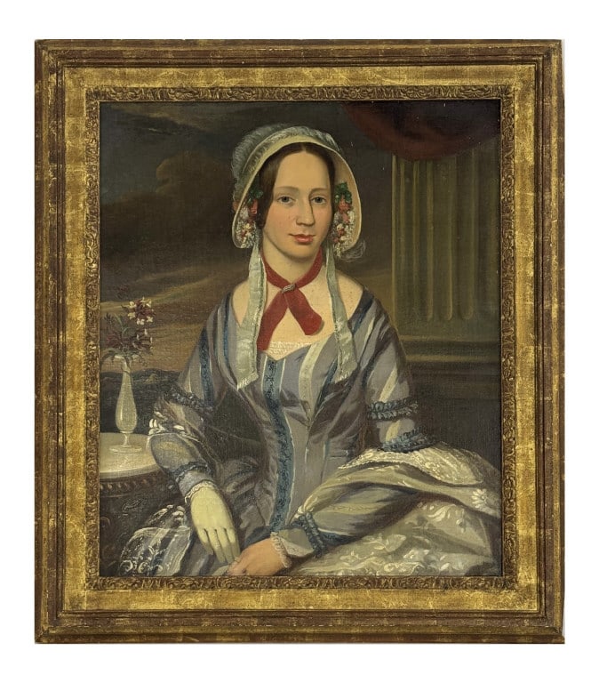 AMERICAN SCHOOL PORTRAIT OF LADY IN BLUE, OIL / CANVAS 30" X 25" (1 of 3)