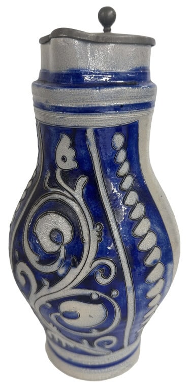 INCISED 19THC. WESTER WALD STONEWARE FLAGON WITH PEWTER LID 12" TALL: INCISED 19THC. WESTER WALD STONEWARE FLAGON WITH PEWTER LID 12" TALL
