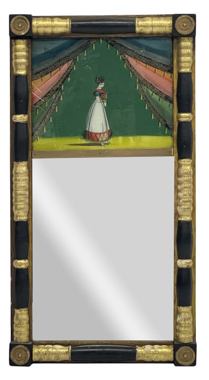 19THC. MIRROR WITH EGLOMISE PANEL, ORIG. GILDING EBONIZED SURFACE & ORIG BACK 30" X 15 3/4": 19THC. MIRROR WITH EGLOMISE PANEL, ORIG. GILDING EBONIZED SURFACE & ORIG BACK 30" X 15 3/4"