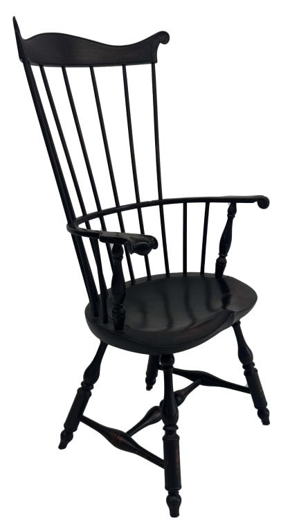 D.R. DIMES COMB BACK WINDSOR ARM CHAIR, 20THC. KNUCKLE ARMS & CARVED EARS 46 1/2" X 26 1/2" X 24" 17: D.R. DIMES COMB BACK WINDSOR ARM CHAIR, 20THC. KNUCKLE ARMS & CARVED EARS 46 1/2" X 26 1/2" X 24" 17 1/2" SEAT