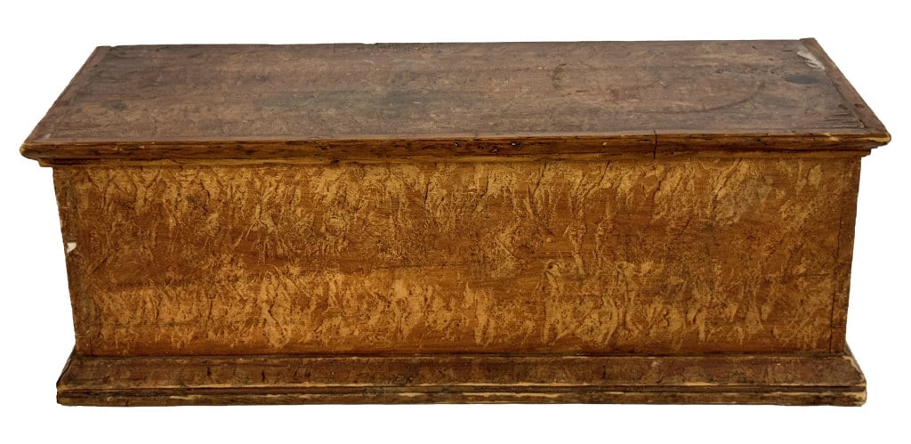 GRAIN PAINTED SIX BOARD MINIATURE BLANKET BOX, 19THC. 9" X 25" X 10 1/2" (1 of 5)