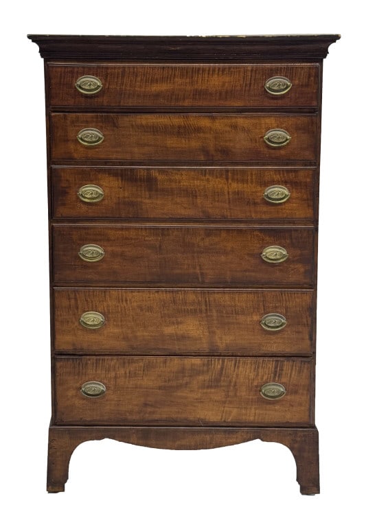 18THC. NEW ENGLAND 6 DRAWER TIGER MAPLE TALL CHEST WITH FLAT BRACKET FEET IN OLD SURFACE 58 5/8" X (1 of 8)