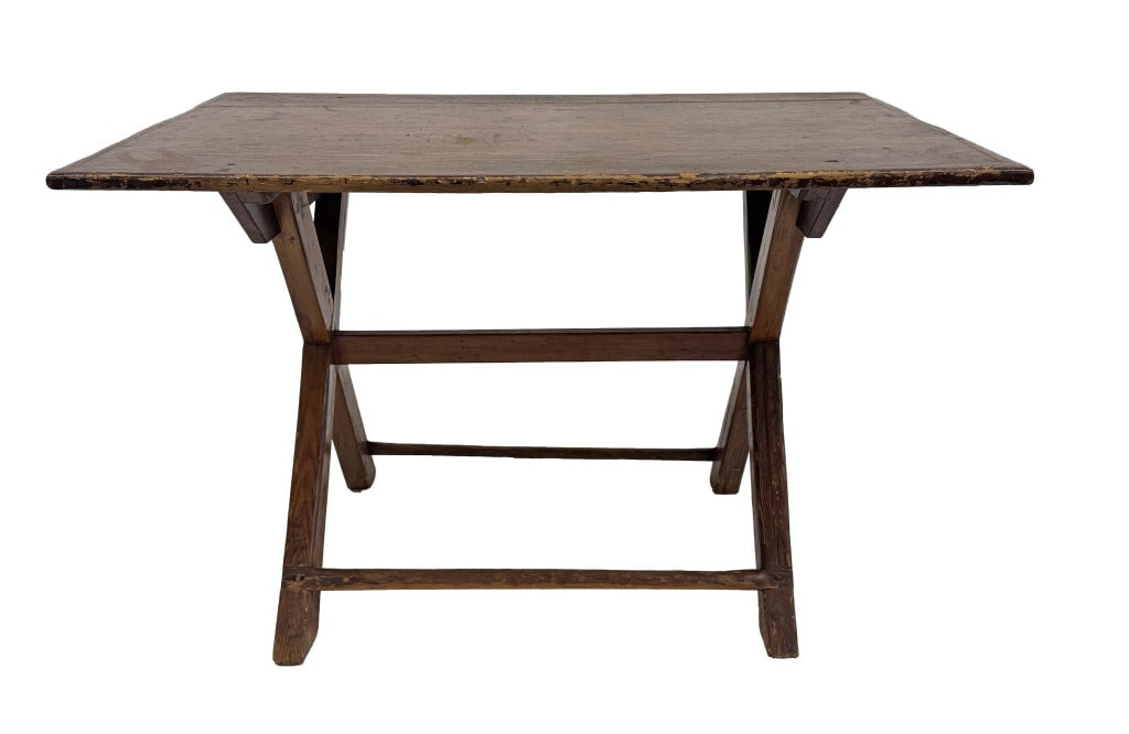 19THC. PLANK TOP SAWBUCK TABLE W/ BREADBOARD ENDS 28 1/4" X 45" X 29" (1 of 5)