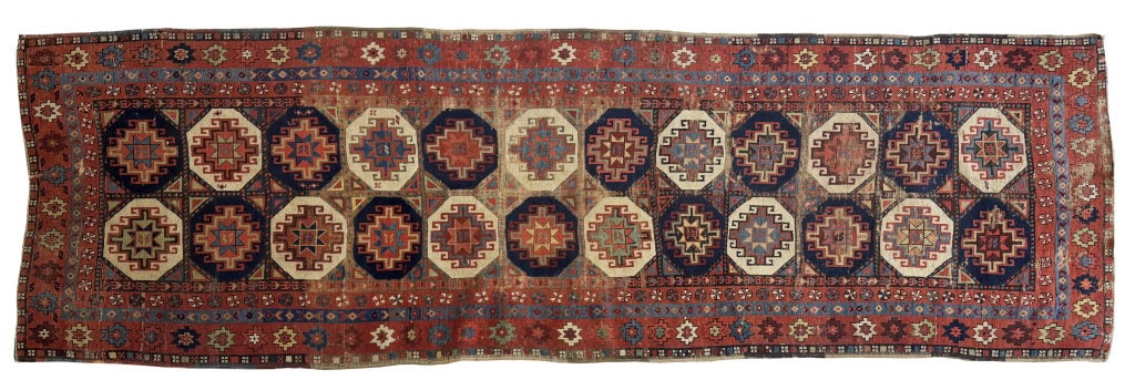 ANTIQUE CAUCASIAN LONG RUG, OXIDIZED BROWNS 140" X 45": ANTIQUE CAUCASIAN LONG RUG, OXIDIZED BROWNS 140" X 45"