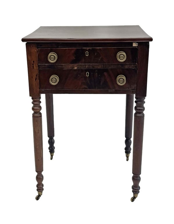 BANDED TOP SHERATON STAND W/ MAHOGANY VENEERS & 2 DRAWERS 30" X 20 1/2" X 17 1/2" (1 of 7)