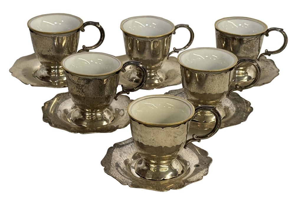 STERLING SILVER DEMI TASSE CUPS & SAUCERS W/ PORCELAIN LINERS 22.8 TROY OZ: STERLING SILVER DEMI TASSE CUPS & SAUCERS W/ PORCELAIN LINERS 22.8 TROY OZ