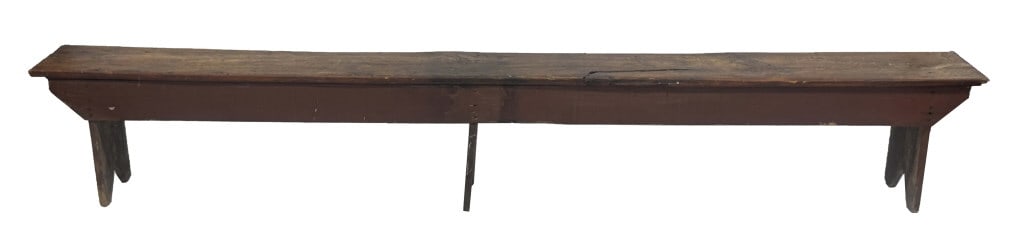 19THC. LONG BENCH WITH BOOT JACK LEGS IN ORIGINAL RED PAINT 9'4" LONG X 17" X 11" WIDE (1 of 5)
