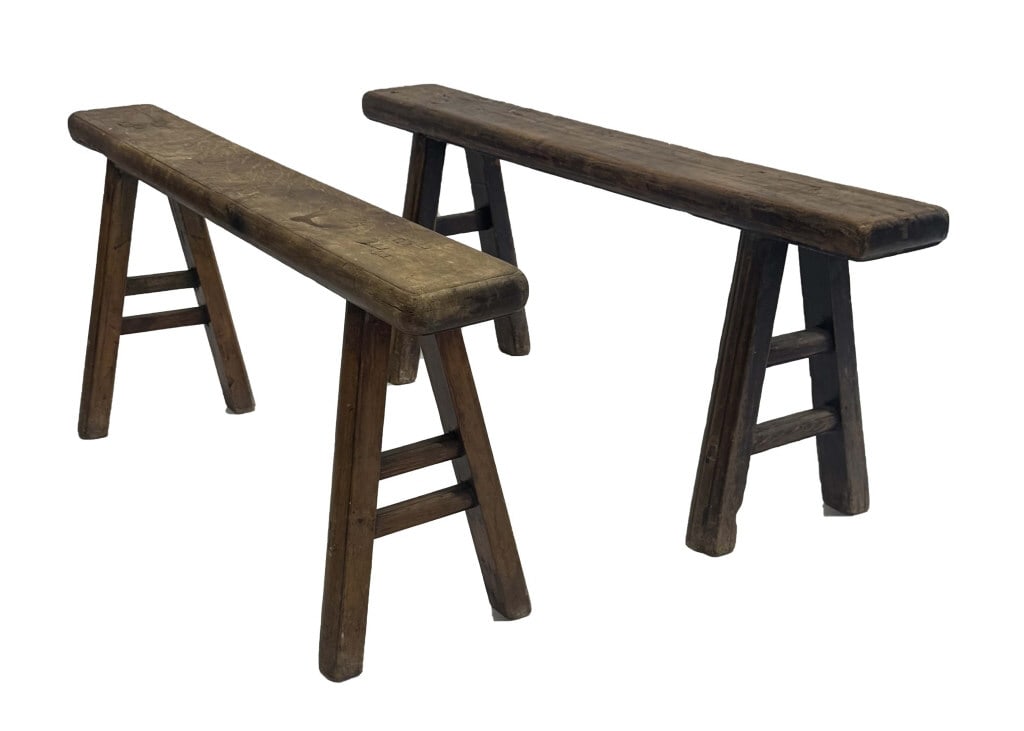 PR OF LATE 18TH OR EARLY 19THC. BENCHES 21" X 50" X 7" WIDE & 21" X 52" X 7" FEET 12 1/2" (1 of 6)