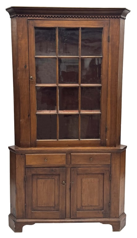 GLAZED DOOR CORNER CUPBOARD W/ DENTAL MOLDING 81" X 47" X 19 1/2" 28" CORNER (1 of 5)