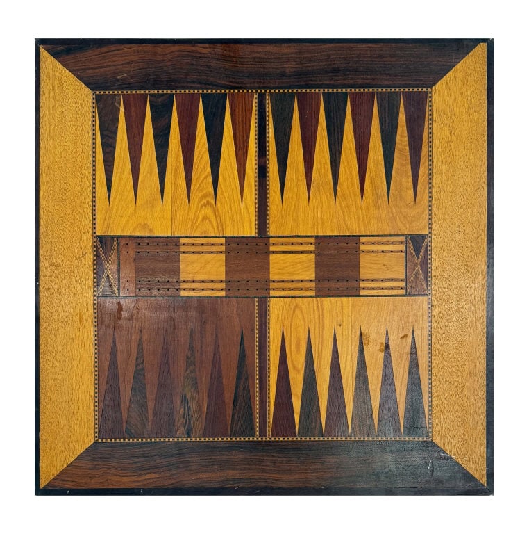 INLAID DOUBLE SIDED GAME BOARD, CHESS, CHECKERS, CRIBBAGE & BACKGAMMON 30 1/2" X 30 1/2" X 1" (1 of 10)