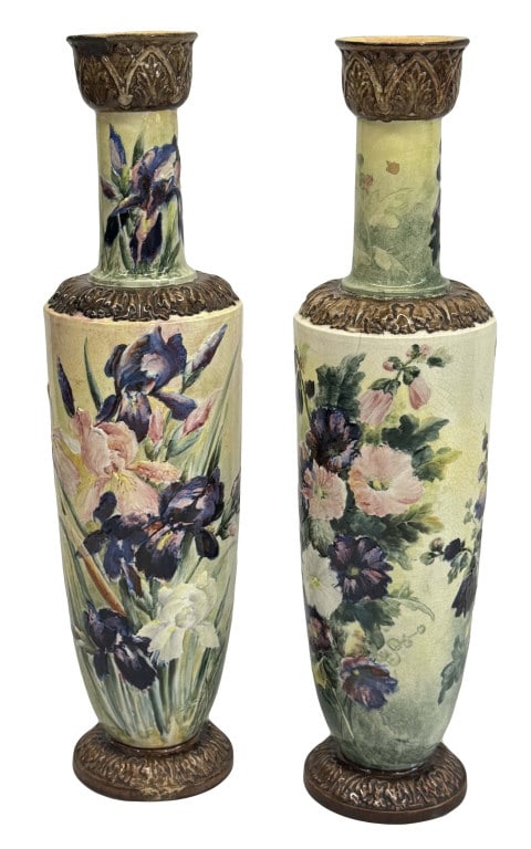 PR OF 37 1/2" TALL HAND PAINTED VASES 1 REPAIRED & 1 CRACKED (1 of 7)