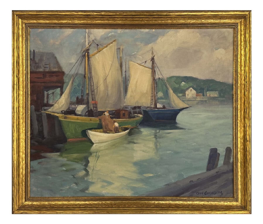 OIL/CANVAS CECIL CHICHESTER "OFF LOADING, ROCKPORT HARBOR" 20" X 24" (1 of 7)