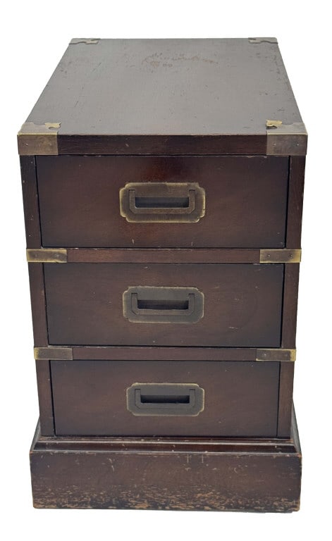 ENGLISH 20THC. BRASS BOUND CAMPAIGN CHEST WITH THREE DRAWERS 22" X 14" X 23": ENGLISH 20THC. BRASS BOUND CAMPAIGN CHEST WITH THREE DRAWERS 22" X 14" X 23"