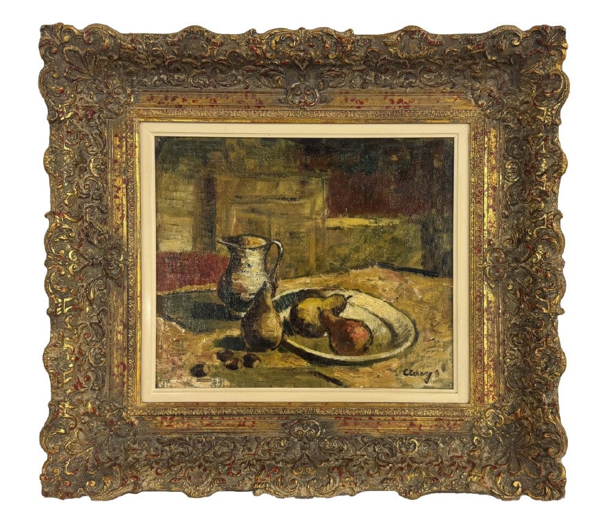 OIL/MASONITE 20THC. STILL LIFE W/ FRUIT SGND INDISTINCTLY (CLAIGS???) 13 5/8" X 16 7/8": OIL/MASONITE 20THC. STILL LIFE W/ FRUIT SGND INDISTINCTLY (CLAIGS???) 13 5/8" X 16 7/8"