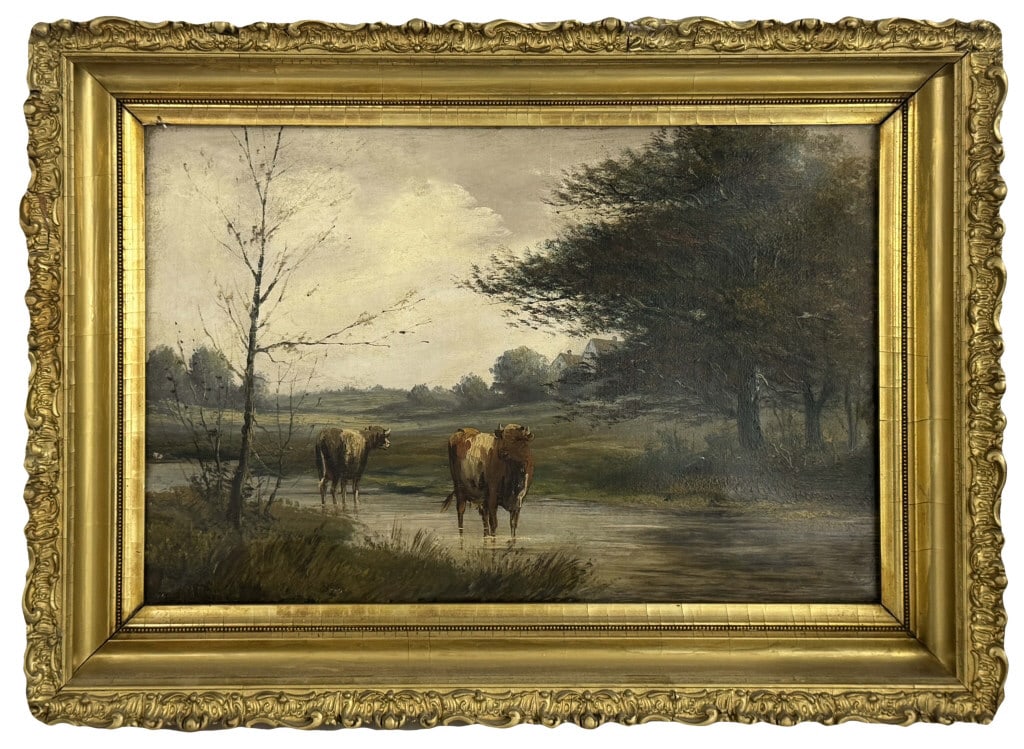 OIL / CANVAS 19THC. "COWS IN A STREAM " 12' X 18 (1 of 4)
