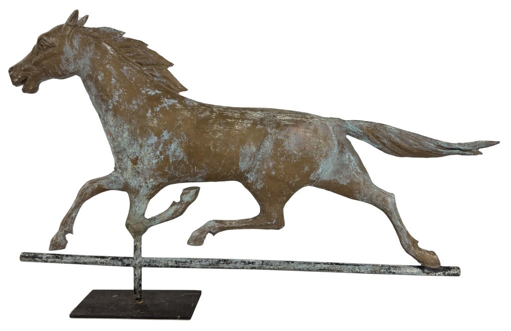 FULL BODIED COPPER RUNNING HORSE WEATHERVANE WITH CAST HEAD 19" TALL X 32" LONG (1 of 9)