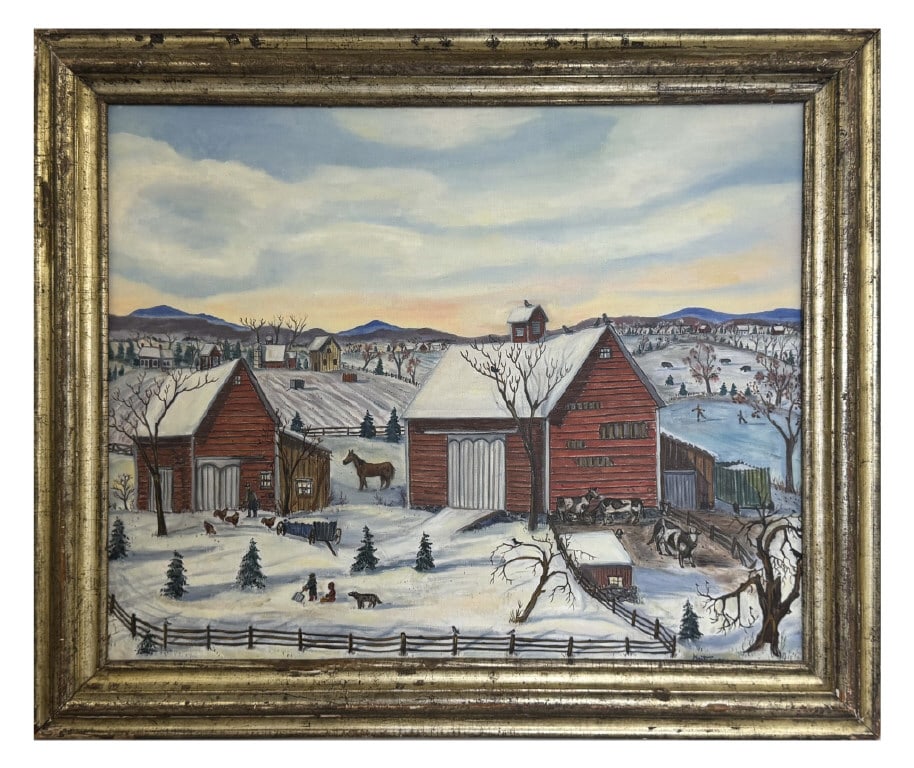 20THC. OIL / CANVAS FOLK ART FARM SCENE SIGNED MONTGOMERY 22" X 28" (1 of 5)