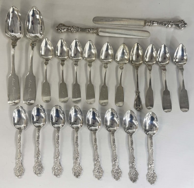 20 COIN SILVER & STERL. SPOONS INC. 8 GORHAM VERSAILLE PATTERN & 12 FIDDEL BACK SPOONS & 2 (1 of 3)
