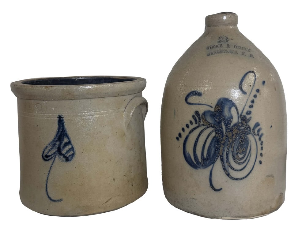 2 PCS. COBALT DECORATED SALT GLAZED STONEWARE 1 UNMARKED & 1 -2 GAL JUG BY LOCKE & DEMICK,: 2 PCS. COBALT DECORATED SALT GLAZED STONEWARE 1 UNMARKED & 1 -2 GAL JUG BY LOCKE & DEMICK, MANCHESTER, NH